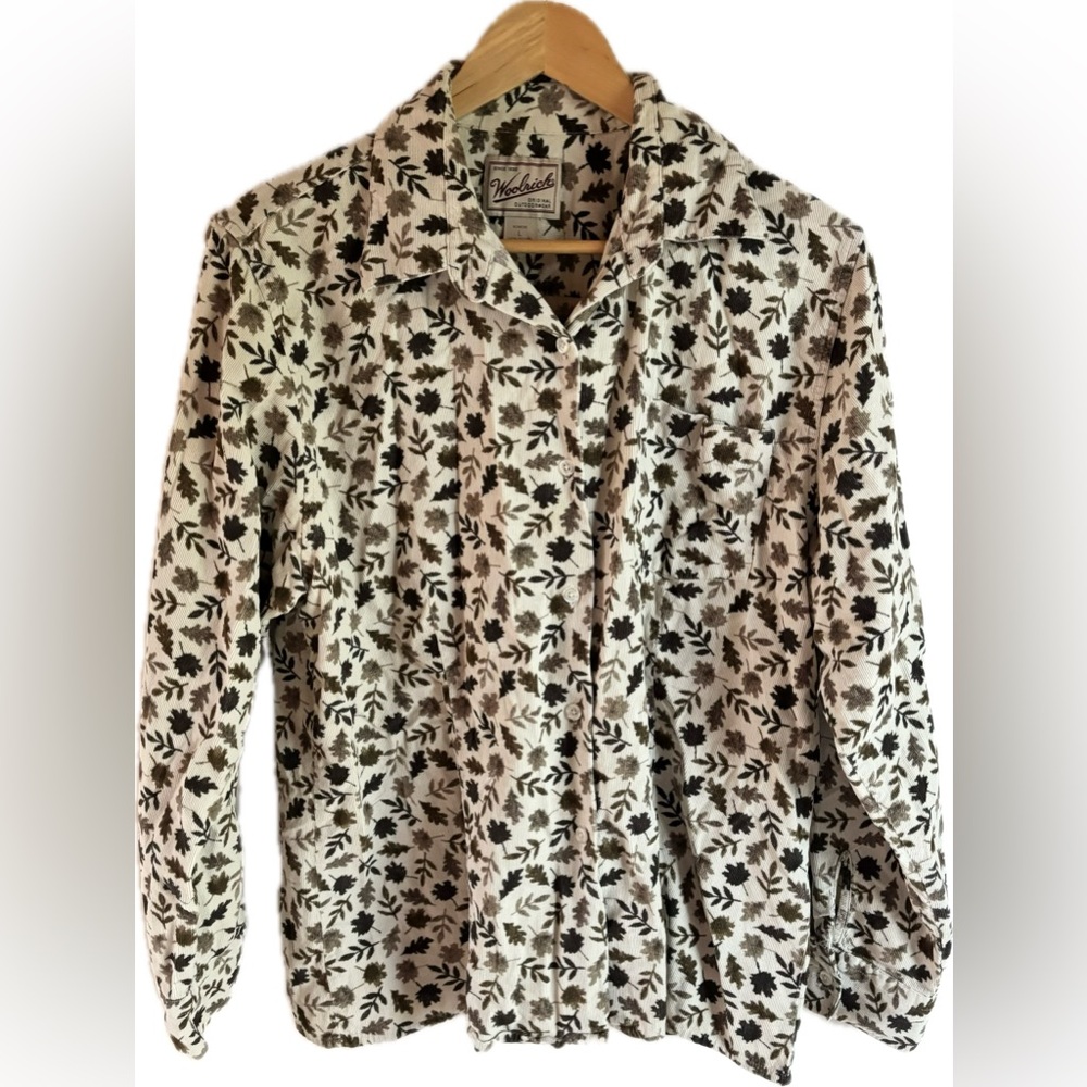 WOOLRICH 100% Cotton Corduroy Cream and Brown Leaf Pattern Button Up Shirt
